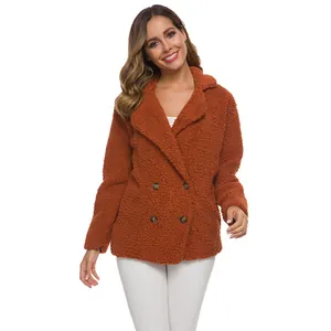 Cozy burnt orange teddy fleece jacket for women with stylish double-breasted lapel design