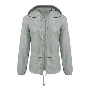 Front view of grey waterproof lightweight outdoor hooded jacket with drawstring details