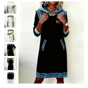 Detailansicht eines lässigen Langarm-Hoodie-Kleides mit Denim-Patchwork-Design