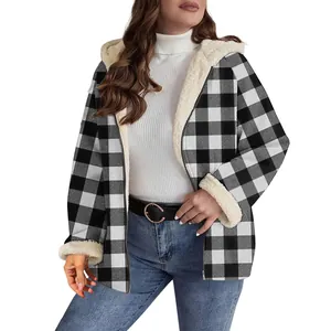 Detail view of black and white buffalo plaid hooded jacket with plush sherpa lining