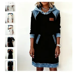 Lässiges langärmliges Kapuzenkleid mit Denim-Patchwork und braunem Leder-Patch-Detail