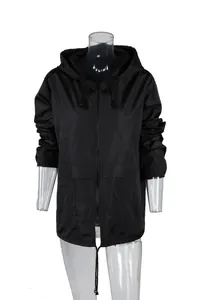 Detailed front view of a black lightweight hooded outdoor jacket with zipper closure.