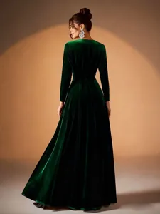 Elegant plus size dark green gold velvet long-sleeved evening gown back view