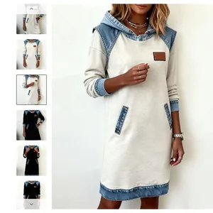 Modisches Damen Freizeitkapuzenkleid mit langen Ärmeln und Denim-Patchwork-Details