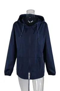 Close-up front view of women's navy blue lightweight hooded outdoor windbreaker jacket.