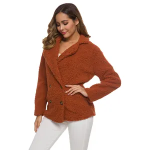Cozy rust-colored double-breasted teddy fleece jacket with lapel collar for women.