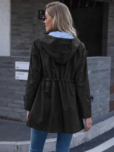 Back view of high-quality women's longline hooded windbreaker jacket in dark olive