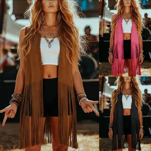 Chaleco Bohemio de Gamuza Sintética con Borlas para Mujer Longitud Media sin Mangas Frente Abierto Chaleco con Flecos Estilo Boho