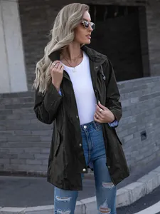 Close-up detail of women's mid-length hooded zipper raincoat jacket in olive green