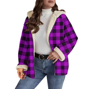 Detail of purple and black plaid jacket with soft cream sherpa lining for winter