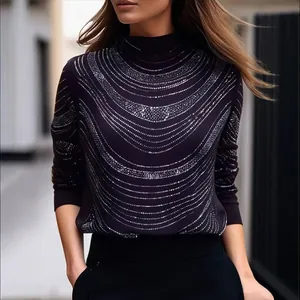 Eleganter schwarzer Langarm-Stehkragen-Top für Damen mit glitzernden Strassmustern