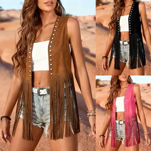Women Fringe Vest Studded Sleeveless Jacket Retro Bohemian Suede Look Open Front Tassel Waistcoat Ethnic Style Streetwear Apparel