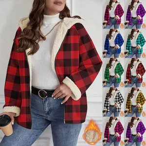 Women's plaid hooded jacket with warm sherpa fleece lining and multiple color options