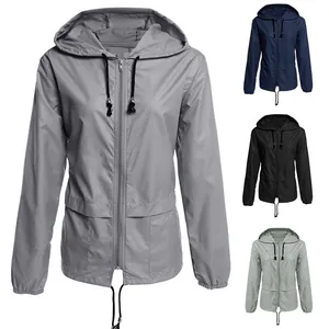Women Lightweight Waterproof Hooded Outdoor Jacket Windproof Polyester Thin Casual Sporty Zipper Raincoat Outerwear Top