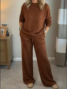 Cozy sparkling knit sweatshirt and wide-leg trousers two-piece set in rust brown