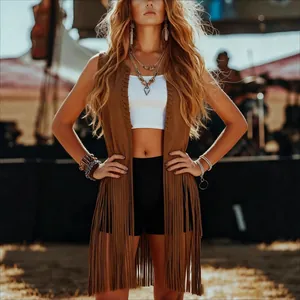 Chaleco bohemio marrón para mujer con flecos largos y sin mangas para estilo de verano
