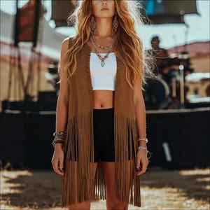 Chaleco con flecos marrón estilo boho para mujer sin mangas longitud media chaqueta verano