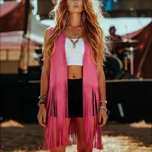 Chaleco largo rosa con flecos sin mangas para mujer estilo bohemio para festivales verano