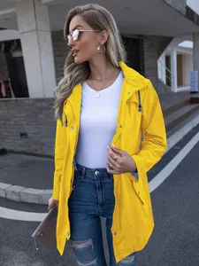 Detail showing the vibrant yellow waterproof fabric and hooded design of this raincoat.