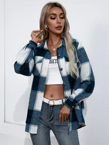 Sobrecamisa de franela a cuadros azul de gran tamaño para mujer con manga larga