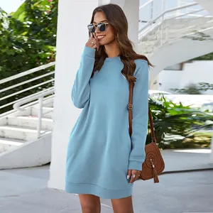 Outdoor lifestyle view of a woman wearing a light blue crewneck long sleeve mini dress