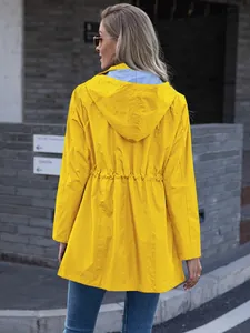Detailed back view of a women's vibrant yellow hooded raincoat with drawstring waist.