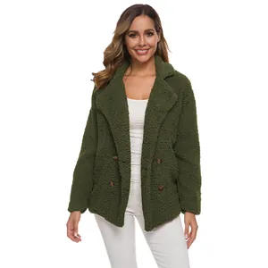 Full-length view of a women's dark green double-breasted sherpa coat with lapel collar