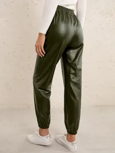 Back view of high-waisted dark green PU leather jogger pants with elastic ankle cuffs