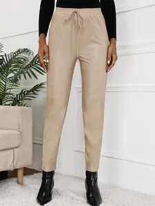 Pantalon de motard en similicuir kaki avec taille élastique à cordon et coutures
