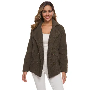 Close-up front view of a women's brown double-breasted lapel teddy fleece loose jacket