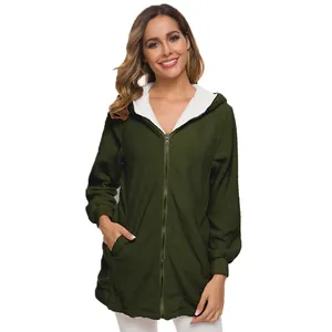 Veste à capuche zippée en polaire sherpa vert foncé pour femme avec doublure douce