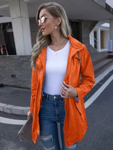 Stylish women's orange hooded mid-length raincoat with zipper for outdoor rain protection