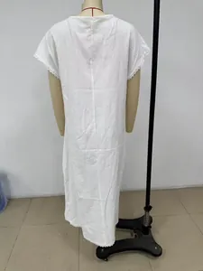 Back view of elegant white sleeveless linen cotton maxi dress with delicate lace trim.