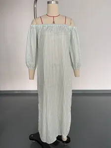 Elegant light green striped off-the-shoulder maxi dress for summer vacation style