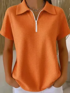 Haut Polo en Maille Gaufre pour Femmes Coupe Ample Manches Courtes Avec Demi-Fermeture Éclair Couleur Unie Vêtement d'Été