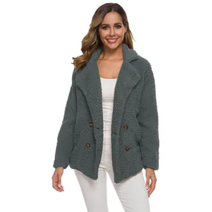 Cozy grey teddy fleece jacket for women featuring a lapel collar and double-breasted buttons