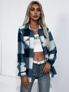 Chaqueta de camisa de franela a cuadros azul y blanco para mujer, estilo otoño invierno.