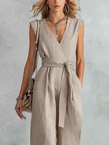 Elegante tuta smanicata con scollo a V e gamba larga in tessuto effetto lino beige