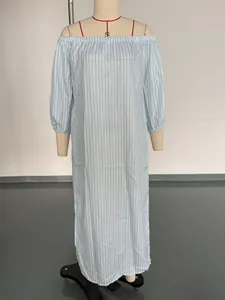 Detail view showing full length of light blue off-the-shoulder striped maxi dress on mannequin