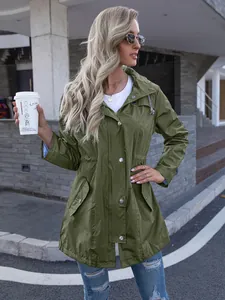 Stylish olive green mid-length hooded waterproof raincoat for women with secure zip closure