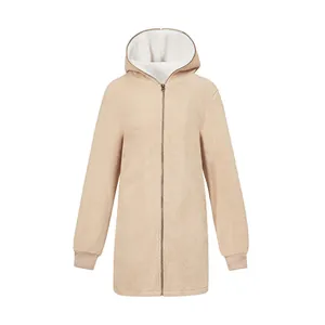 Veste à capuche en polaire sherpa pour femme, couleur beige, doublure blanche chaude