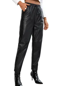 Pantalon femme en cuir PU coupe décontractée avec taille élastique à cordon et poches