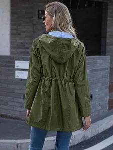 Rear view of a women's olive green mid-length hooded raincoat with drawstring waist