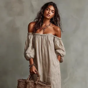 Close-up view of off-shoulder striped long sleeve maxi dress for summer vacation