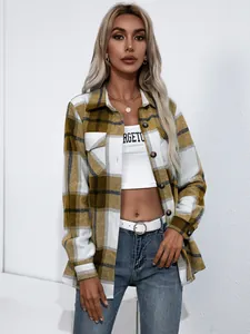 Chaqueta de camisa de cuadros amarillos para mujer con manga larga y bolsillos