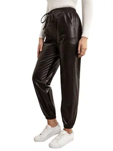 Detailed view of women's loose casual black PU leather joggers with elastic waist