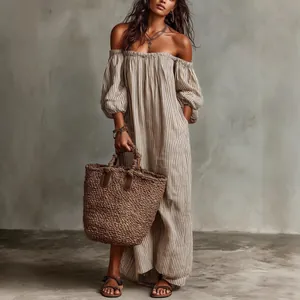 Elegant striped off-shoulder long sleeve maxi dress perfect for a summer vacation look