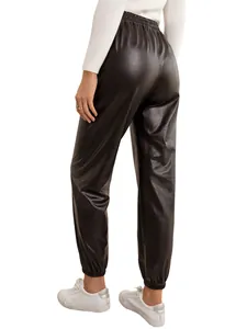 Back view of black faux leather joggers for women with elastic waist and cuffed ankles.