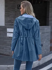Back view of a blue mid-length women's hooded raincoat with adjustable drawstring waist