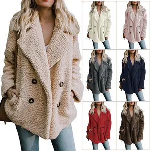 Women Autumn Winter Loose Faux Shearling Coat Lapel Double Breasted Warm Teddy Jacket Solid Color Outerwear Top